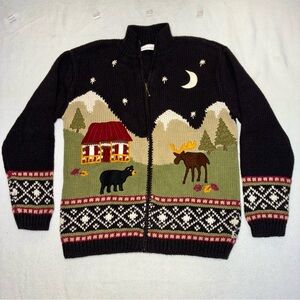 Vintage Bear Moose Cabin Scene Full Zip Knit Cardigan Sweater Medium CottageCore